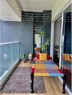 Rajasthani Wooden Khatiya Khaat | Traditional Handcrafted Wooden Charpai Bed | 6x3 Feet | Solid Wood Frame with Durable Cotton Ropes for Home, Garden, or Outdoor Use (Colorful -06)