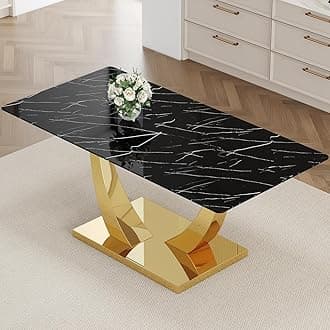 Black Dining Table, 71” Dining Room Table for 6-8, Gold Kitchen Table for Dining Room,0.4 Thickened Tempered Glass Top with Golden Rectangular Base