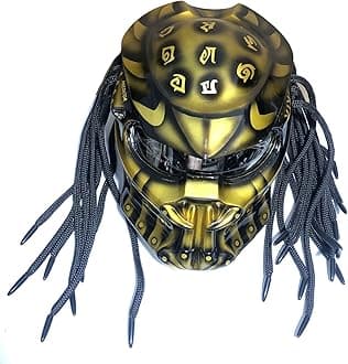 Motorcycle Helmet, Creative Predator Motorcycle Locomotive Full Face Helmet with Led Warning Lights and HD Anti-Fog Lenses for Outdoor Riding Or Club Parties, DOT Certified,Gold b,XXL