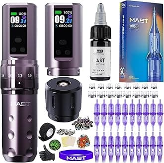 Mast Fold2 Pro Tattoo Kit, Cordless Complete Tattoo Gun Machine Kit, 2 Batteries 2000mAh Power Supply for Long Time, Needles Cartridges Black Tattoo Ink Kit (Pink-Coffee)