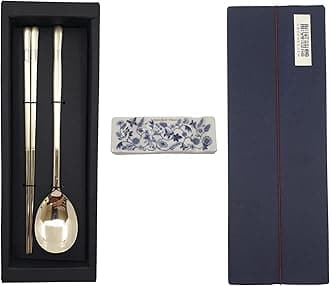 Korean Chopsticks Spoon 1 Set - METAL STAINLESS STEEL Titanium Plating -Printed Hangul Characters (Bamboo-Gold 1set)