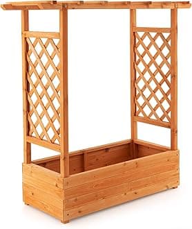 Safstar Raised Garden Bed with Arch Trellis, Wood Planter Container with Hanging Roof & 4 Drainage Holes, Indoor Outdoor Above Ground Garden Bed for Vine Climbing Plant Flower Patio Balcony, Natural