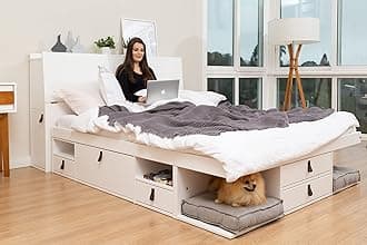 Set Bali White: Storage Bed Continental Double (140x200 cm) + Headboard 150 + Slatted Frame. Sturdy double bed frame and headboard with drawers, ideal for small bedrooms - Pine and MDF lacquered