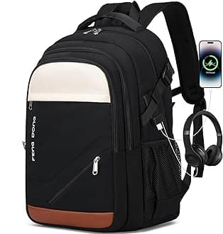 FENGDONGFENGDONG 17.3 inch Large Laptop Backpack Travel College Backpack Waterproof Bookbag for Men & Women Business Backpack with USB Charging Port and Headset Port Black White