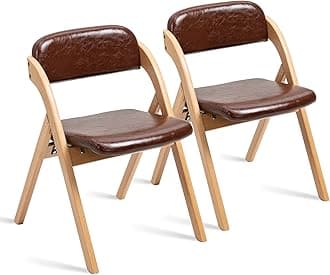 HOMEFUN PU Folding Chairs with Padded Seats, Wooden Stackable Foldable Dining Chair Set of 2 Easy to Assemble Extra for Guests Kitchen Office Wedding
