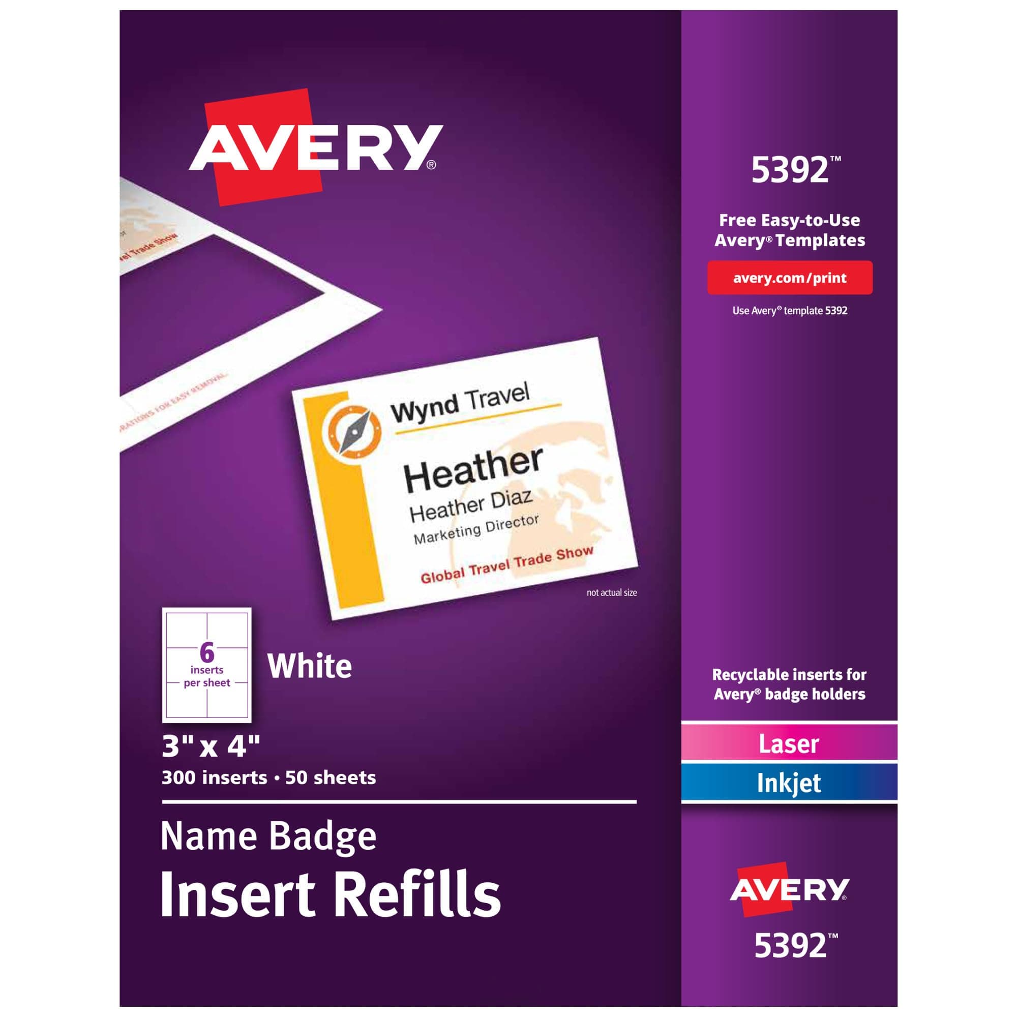 Avery Customizable Name Badge Inserts for Name Tag Holders, 3" x 4", White, Laser/Inkjet Printable, 300 Total (5392)