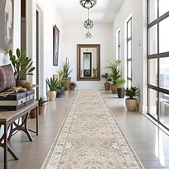 Hallway Washable Runner Rug - 3x16 Kitchen Rugs Entryway Rug Runner Vintage Soft Floor Mat Non Slip Indoor Farmhouse Carpet for Bathroom Living Room Bedroom (3 X 16, Beige)