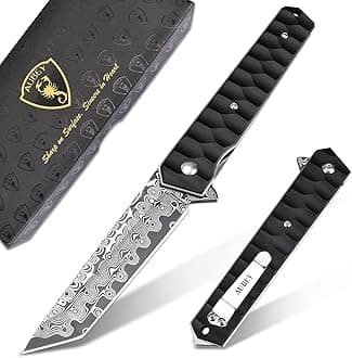 - Damascus Pocket Knife with Clip, Tanto Blade Damascus Steel Folding Knives for Men Tactical, Aluminum Handle with Glass Breaker for EDC Camping Gift