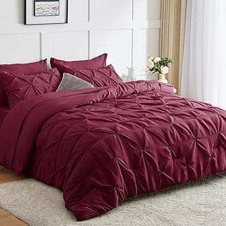CozyLux King Comforter Set - 7 Pieces Comforters King Size Burgundy Red, Pintuck Bed in A Bag Pinch Pleat Bedding Sets with All Season Comforter, Flat Sheet, Fitted Sheet and Pillowcases & Shams