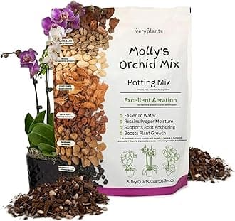 Molly's Orchid Potting Mix - Premium Gritty Soilless Orchid Mix - Chunky High Drainage vs Standard Potting Soil for Indoor Plants - Contains Bark, Coco Chips, Akadama, Pumice, Lava Rock 5 Dry Quarts
