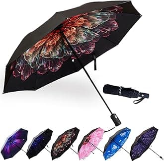 Compact Travel Umbrella, 44" Canopy, Automatic Open/Close Windproof Umbrella, 210T Pongee, 8-Rib Fiberglass, Travel Size Mini, Portable Rain/Sun Umbrellas UPF 50+ with Cover