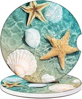 Car Cup Holder Coasters - Sea Starfish & Shells Absorbent Ceramic Coaster 2 Pack, Anti Slip Car Coasters for Cup Holders, Fashion Car Interior Accessories Drink Coaster for Women & Men