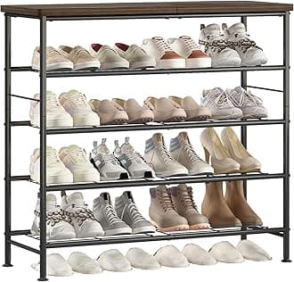 SUOERNUO Shoe Rack Organizer 5 Tier for Closet Entryway Free Standing Metal Storage Shoe Shelf with MDF Top Board，Black+Rustic Brown