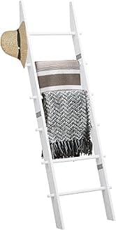 TEAKMAMA 6-Tier Blanket Ladder with Hanging Knobs,5.5 Ft Wall Leaning Blanket Ladders for Living Room Bedroom,Rustic Decorative Storage for Quilts,Throws,Easy to Assemble,White