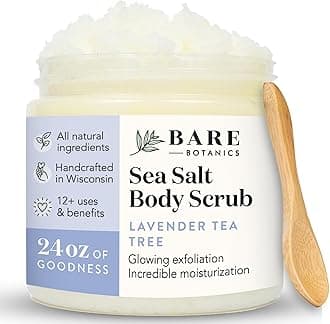 Bare Botanics Sea Salt Body Scrub (Lavender Tea Tree) Mega 16oz - Gently Exfoliating & All Natural | Non-Greasy, Ultra Moisturizing, No Synthetic Fragrances, Handmade in USA, Organic