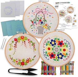 EmbroideryMaterial Pack of 3 Embroidery Kits – Floral Wreath, Colorful Floral & Basket of Flowers Designs, Embroidery Kit for Beginners & Adults with Wooden Hoop, Cloth Fabric (All Material Included)
