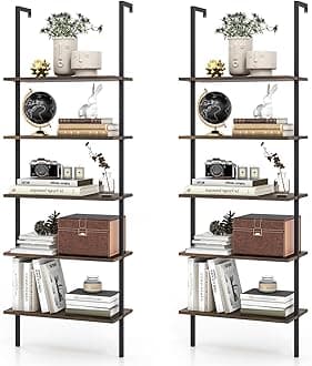 Giantex 5 Tier Wall Mounted Bookshelf Set of 2, 71'' Modern Wood Bookcase with Steel Frame, Stand Display Storage Rack Organizer Ladder Shelf for Living Room, Kitchen, Rustic Brown