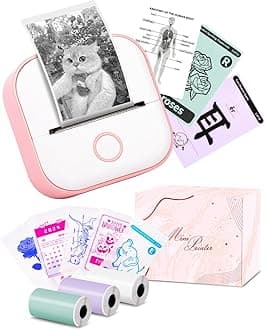Mini Sticker Printer T02 Small Thermal Printer for Phone, Portable Wireless Note Printer with 3 Rolls Paper for Children’s Day Birthday, Compatible with iOS & Android, Pink