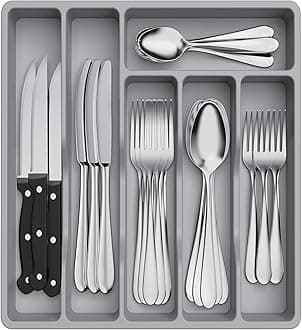 Lifewit Silverware Drawer Organizer Tray, Plastic Cutlery Storage for Kitchen, Flatware and Utensil Holder Divider for Spoons Forks Knives Tableware, 12.4 x 11.7", 6 Slots, Gray