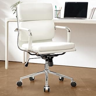 Office Desk Ergonomic Chair Leather Executive Mid-Back Modern Conference Comfy Adjustable Padded Swivel Rolling Home Vanity Chairs with Arms Wheels (White)