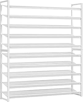 Nunsino Shoe Rack, Long Shoe Organizer,Max Holds 62 Pairs,10 Tier Metal Shoe Storage Shelf,5-Tier Stackable Shoes Organizer for Garage, Entryway,White