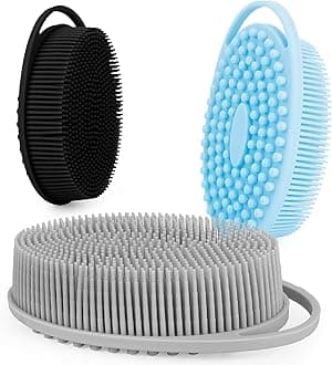 Bsofing Soft Silicone Body Scrubber 3 PCS Silicone Body Shower, Silicone Loofah 2 in 4 Bath and Shampoo Brush, Body Scrubber Shower Cleaning Exfoliating Use,Lather Well, Black,Blue,Grey