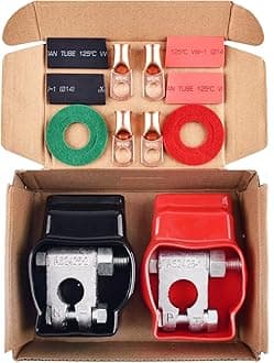 Battery Terminal Connectors, Military Spec Positive Negative Heavy Duty Auto Car Marine Battery Terminal,with 4 Pcs 2 Gauge 3/8" Copper Lugs,4 Heatshrink,2 Cover and Anti Corrosion Washers (Kit)