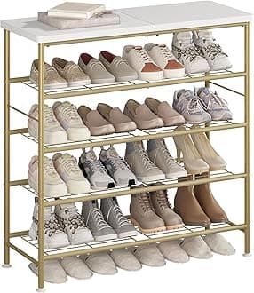 SUOERNUO Shoe Rack Organizer 5 Tier for Closet Entryway Free Standing Metal Storage Shoe Shelf with MDF Top Board，Gold