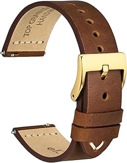 WOCCI 19mm Old-fashioned Watch Band for Men, Top Grain Leather, Golden Polished Buckle (Caramel Brown)