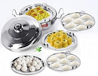QSEC QE-5H Stainless Steel Idli Cooker Multi Kadai Steamer with sandwich Bottom induction dhokla cooker All-in-One Big Size 5 Plate 2 Idli | 2 Dhokla | 1 Patra | Momo's | 3 in 1 | 285 mm Dia., 3 liter