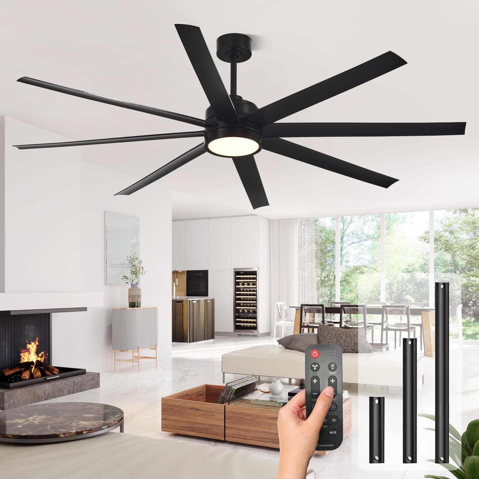 Conciseer Modern Ceiling Fans with Lights, 72 Inch Ceiling Fan with Light and Remote Control, Bedroom, Living Room, Library, Cafe, Outdoor/Industrial Area, Dimmable in 3 Circ