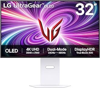 LG UltraGear OLED Gaming Monitor 32GS95UV-W, 32 inch UHD, Dual mode 4K: 240Hz / FHD: 480Hz, 0.03ms Response Time, NVIDIA G-Sync & AMD FreeSync Premium Pro, 7W Stereo speakers, DisplayPort, HDMI 2.1
