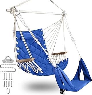 SUNWAY Hammock Swing Chair with Adjustable Footrest & Headrest-Quilted Fabric&Steel Spreader Bar;350lbs Capacity;Hanging Chair with Wooden Armrests for Porch/Garden;3;Hardware kit Included;Blue