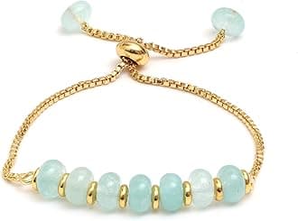 Gempires Aqua Chalcedony Bolo Bracelet, Crystal Beads Bracelet, 14k Yellow Gold Plated, Adjustable Bracelets For Women