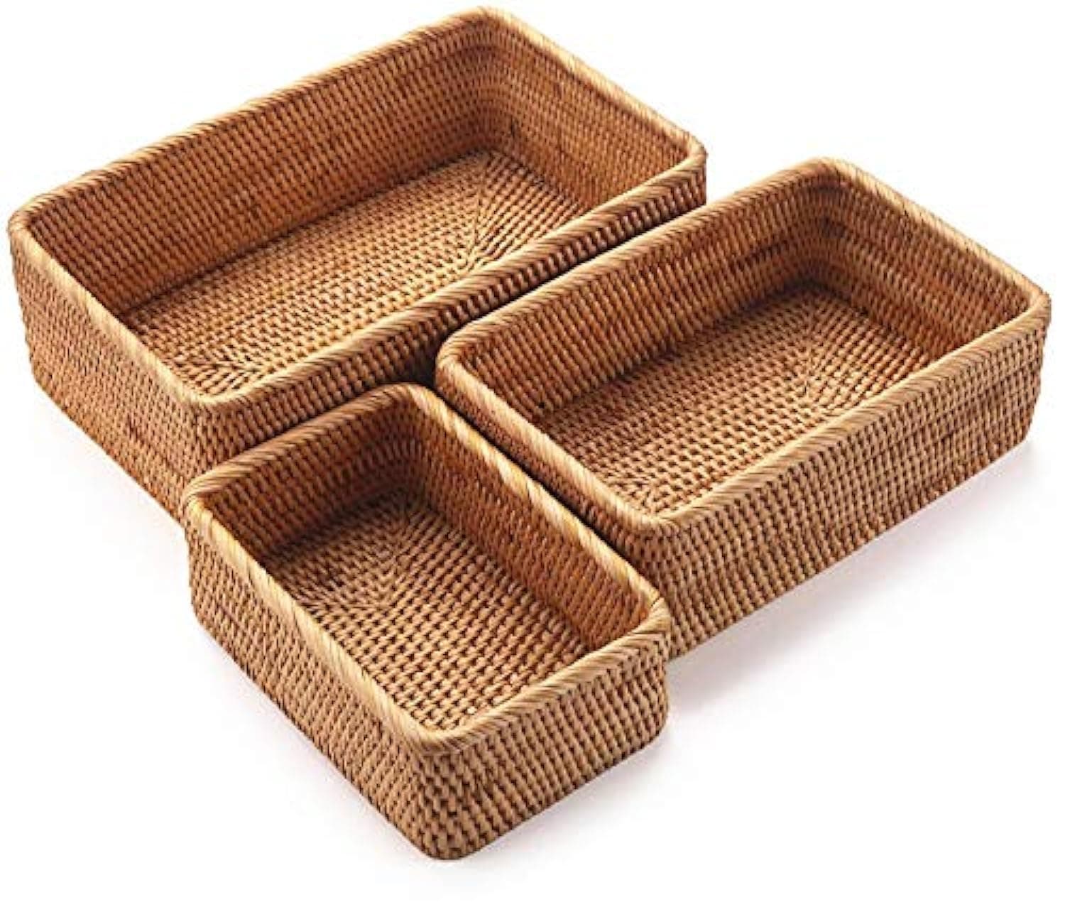 Natural Rattan Storage Baskets, Rectangular Woven Fruit Baskets, Decorative Wicker Basket and Small Baskets for Organizing (Set of 3)