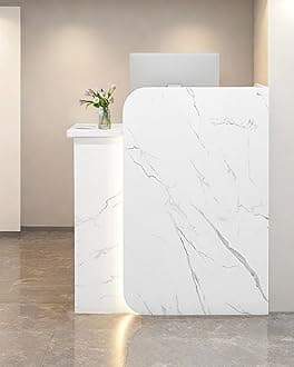 Reception Desk Office Checkout Counter, Modern Front Desk Reception Counter Desk with Lockable Drawer Simple Retail Counter for Retail, Lobby, Beauty Salon Clothing Store(Textured,47" Lx18 Wx39 H)