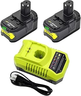 - 2Pack 6.0Ah Replacement for Ryobi 18V Battery and Charger Combo Replacement for Ryobi 18V Lithium P102 P103 P104 P105 P107 P109 P108 P190 P122 Cordless Tools Battery and P117 Charger
