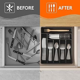 Lifewit Silverware Drawer Organizer Tray, Plastic Cutlery Storage for Kitchen Drawer, Flatware and Utensil Holder Divider for Spoons Forks Knives Tableware, 7 Compartment, Black