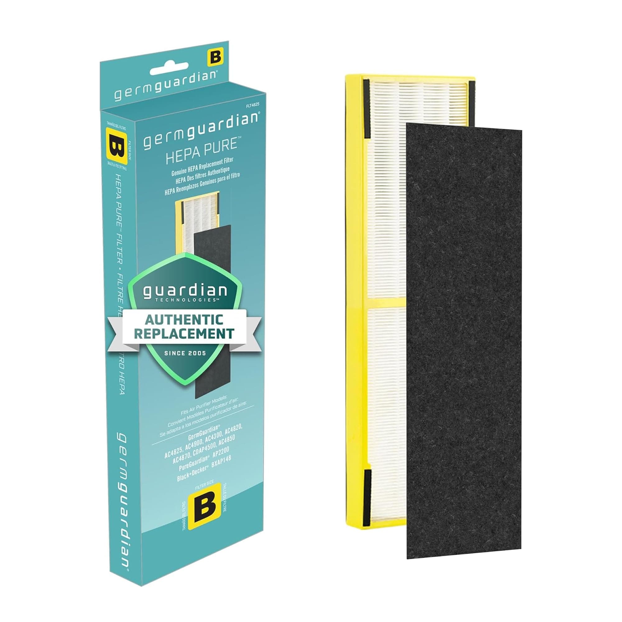 GermGuardian Filter B HEPA Pure Genuine Air Purifier Filter, Removes 99.97% of Pollutants, Wildfire Smoke, Odors, for AC4825, AC4300, AC4850, AC4880, AC4900, CDAP4500, AP2200, Black/Yellow, FLT4825