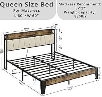 LIKIMIO Queen Bed Frame, Storage Headboard with Charging Station, Solid and Stable, Noise Free, No Box Spring Needed, Easy Assembly (Walnut and Beige)