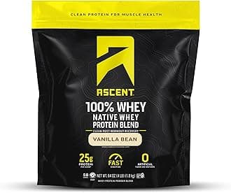 Ascent 100% Whey, Native Whey Protein Blend - Clean Post Workout Recovery, Digesting, Zero Artificial Flavors & Sweeteners, Gluten Free, 5.5g BCAA, 2.6g Leucine, Vanilla Bean 4 lb.