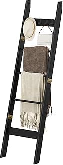 Hzuaneri Blanket Ladder - for Bedroom, Decorative Wood Quilt Rack with 4 Removable Hooks, 5-Tier Farmhouse Ladder Holder Organizer for Bathroom Living Room, Black BR02104B