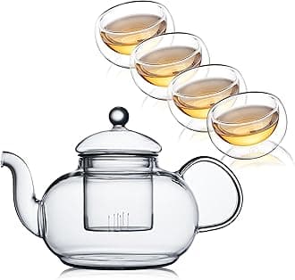 Glass Teapot Set,20oz Clear Tea Pot with 4 Double Wall Teacups,Stovetop Safe Tea Kettle,Blooming Loose Leaf Tea Maker Gift,Microwave Dishwasher Safe