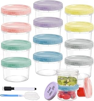 12pcs 8 oz Plastic Containers with Screw Lids, Reusable Clear Food Storage Containers with Pen and Brush for Snack Salad Fruit, Leakproof Small Freezer Containers, Microwave & Dishwasher Safe