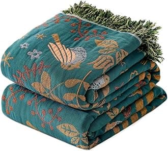 Boho Throw Blanket for Bed 100% Cotton Soft Lightweight Quilt Blanket Bird Floral Embroidery Spring Room Decor Large Bed Blankets,90"x98" All Season Rustic Throw for Sofa Couch Chair