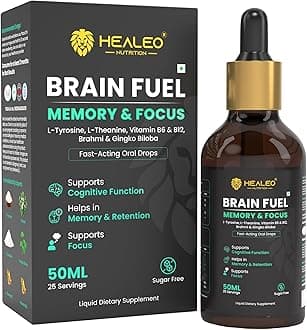 Healeo Brain Fuel Drops for Memory & Focus with Ginkgo Biloba, Brahmi, L-theanine | Nootropic Brain Booster Supplement - 50ml