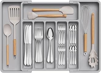 Lifewit Extendable Cutlery Drawer Organiser, Adjustable Cutlery Tray, Plastic Adjustable Kitchen Storage Dividers for Utensil Spoons Forks Knives, 8 Compartments, 33-57 x 38cm, Grey
