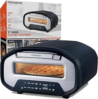 Porodo Pizza Oven Indoor, 12 Inch Electric Pizza Maker With Timer and 7 Presets, 220V 2200W, 80°-430°C Adjustable Temperature with 12" Included Stone, for Home Kitchen, Restaurants, Parties