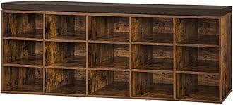 Shoe Storage Bench with Cushion, 15-Cubby Rack, Adjustable Shelves, Long Organizer Bench for Entryway, Mudroom, Hallway, Living Room, Bedroom and Garage, Rustic Brown