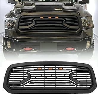 Front Bumper Grille Compatible with 2013 2014 2015 2016 2017 2018 Ram 1500 Grill, Replacement Aftermarket Grill with Letters Matte Black, Big Horn Style w/LEDs